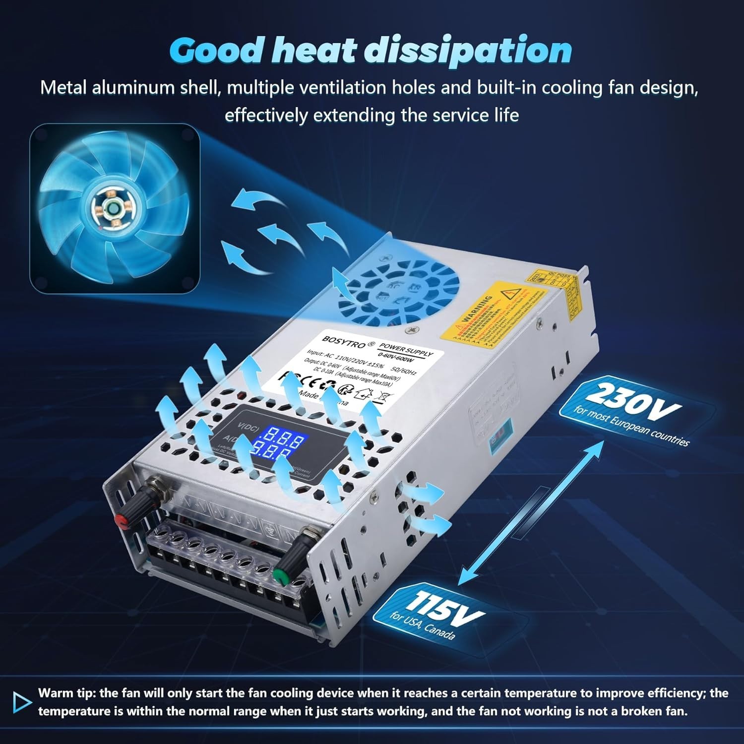 Versatile 60V 600W Power Supply with Cooling Fan and Overvoltage Protection
