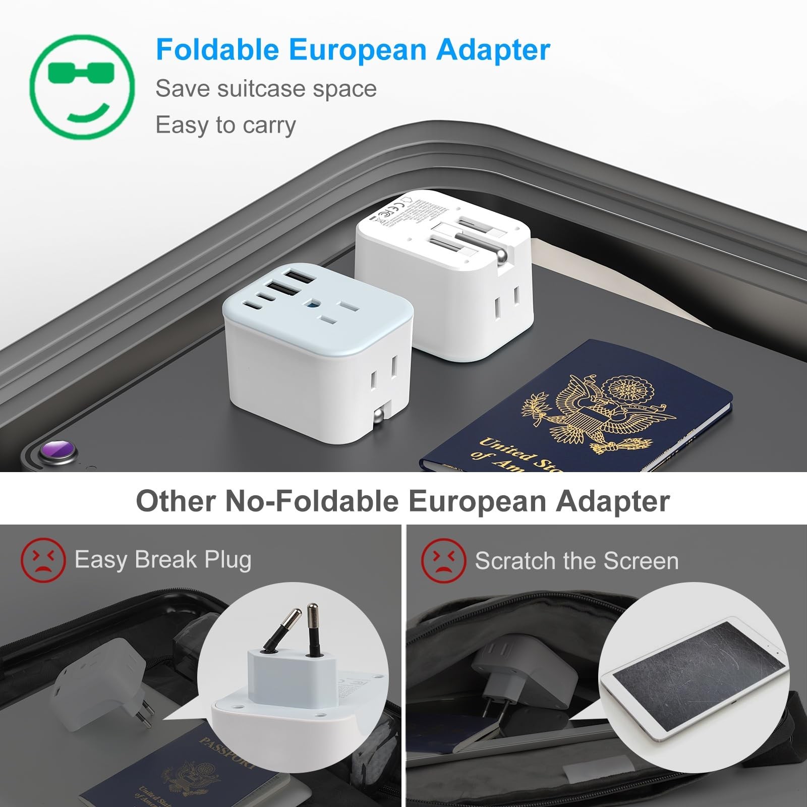 US to India Travel Plug Adapter, Foldable India Power Adapter with 4 USB(2 US