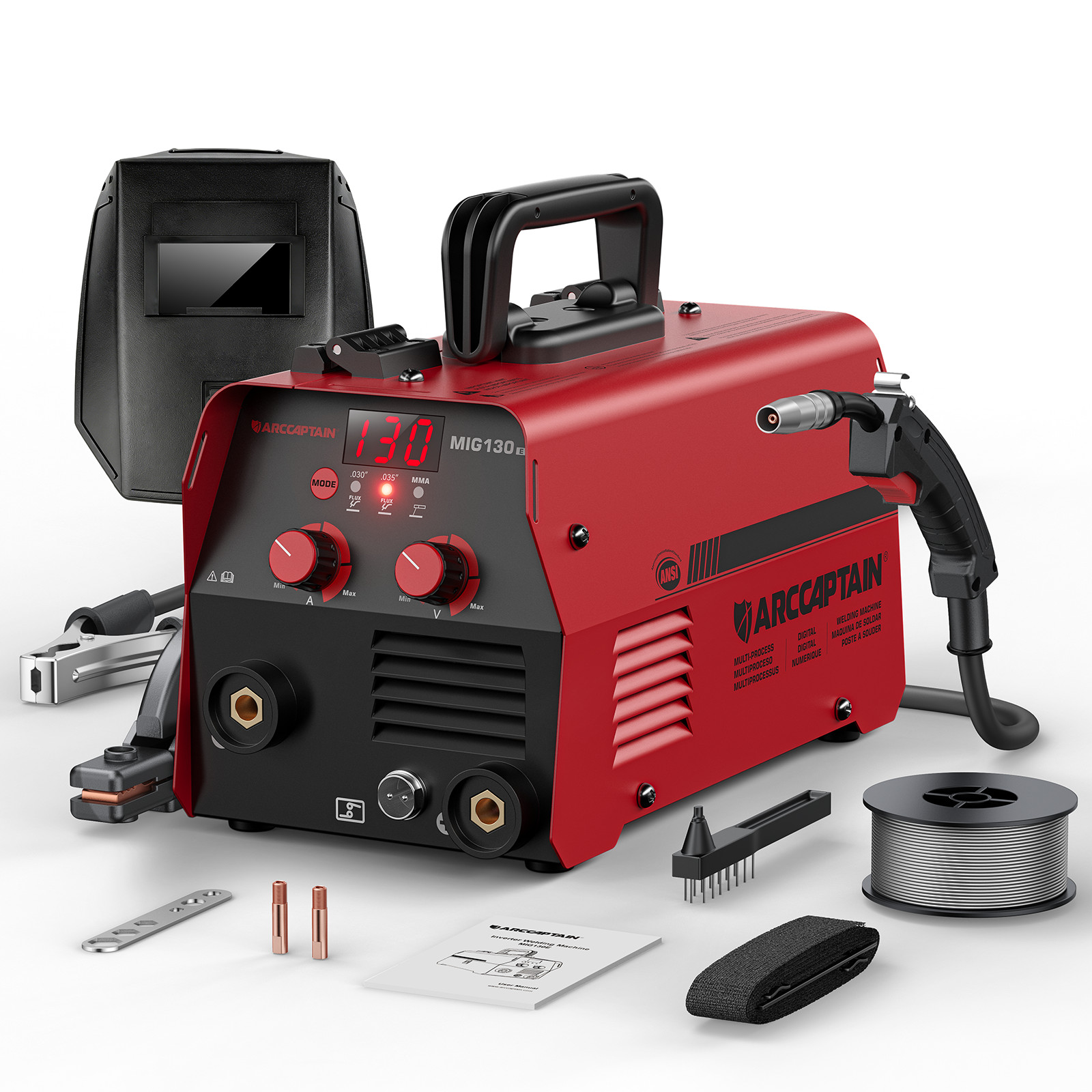 ARCCAPTAIN MIG130 130A 3-in-1 MIG/TIG/MMA Welder w/Digital Screen, O.C O.H Prote
