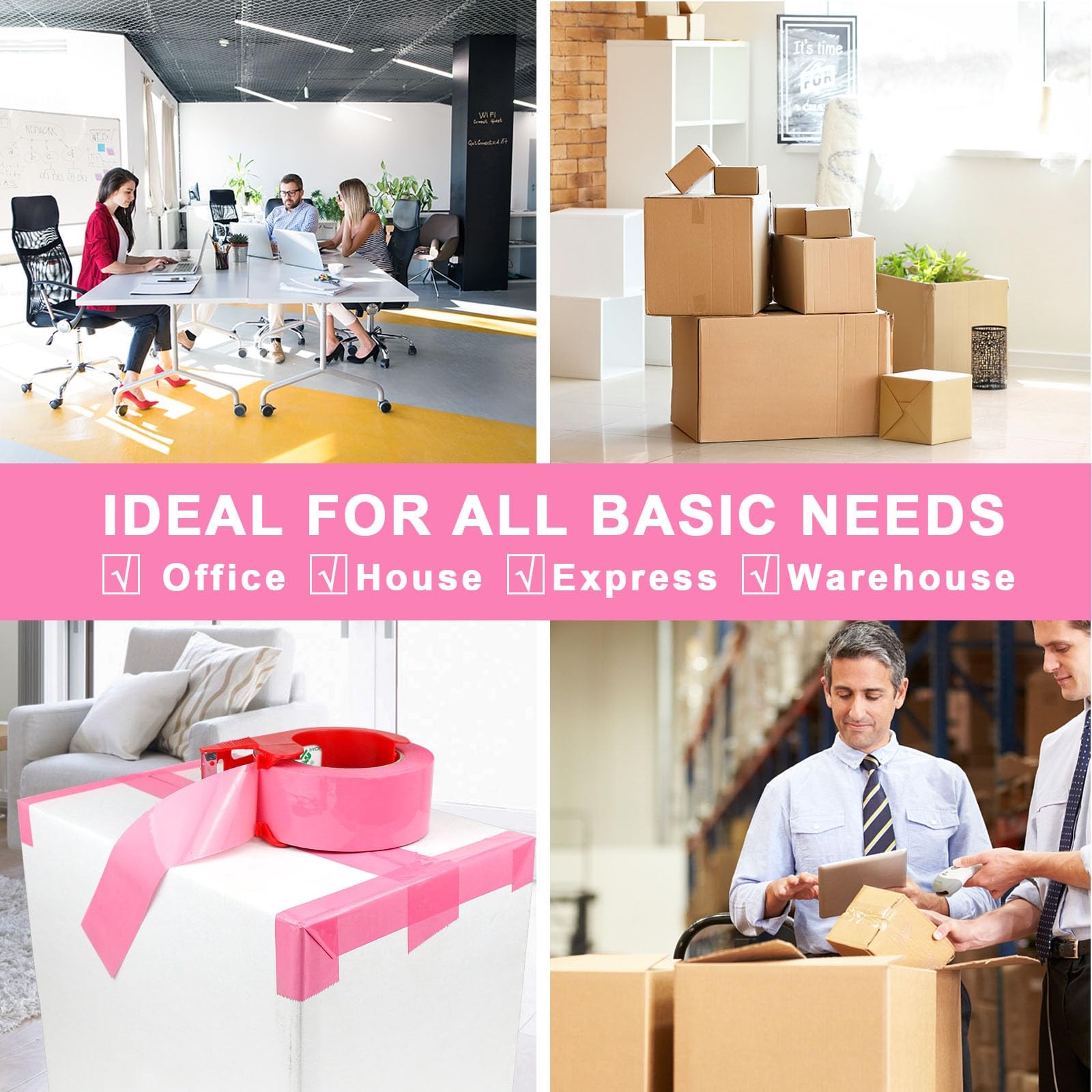 Pink Packing Tape with Dispenser, 2.4 Mil 1.88 Inch x 110 Yards, 2 Refills Ro…
