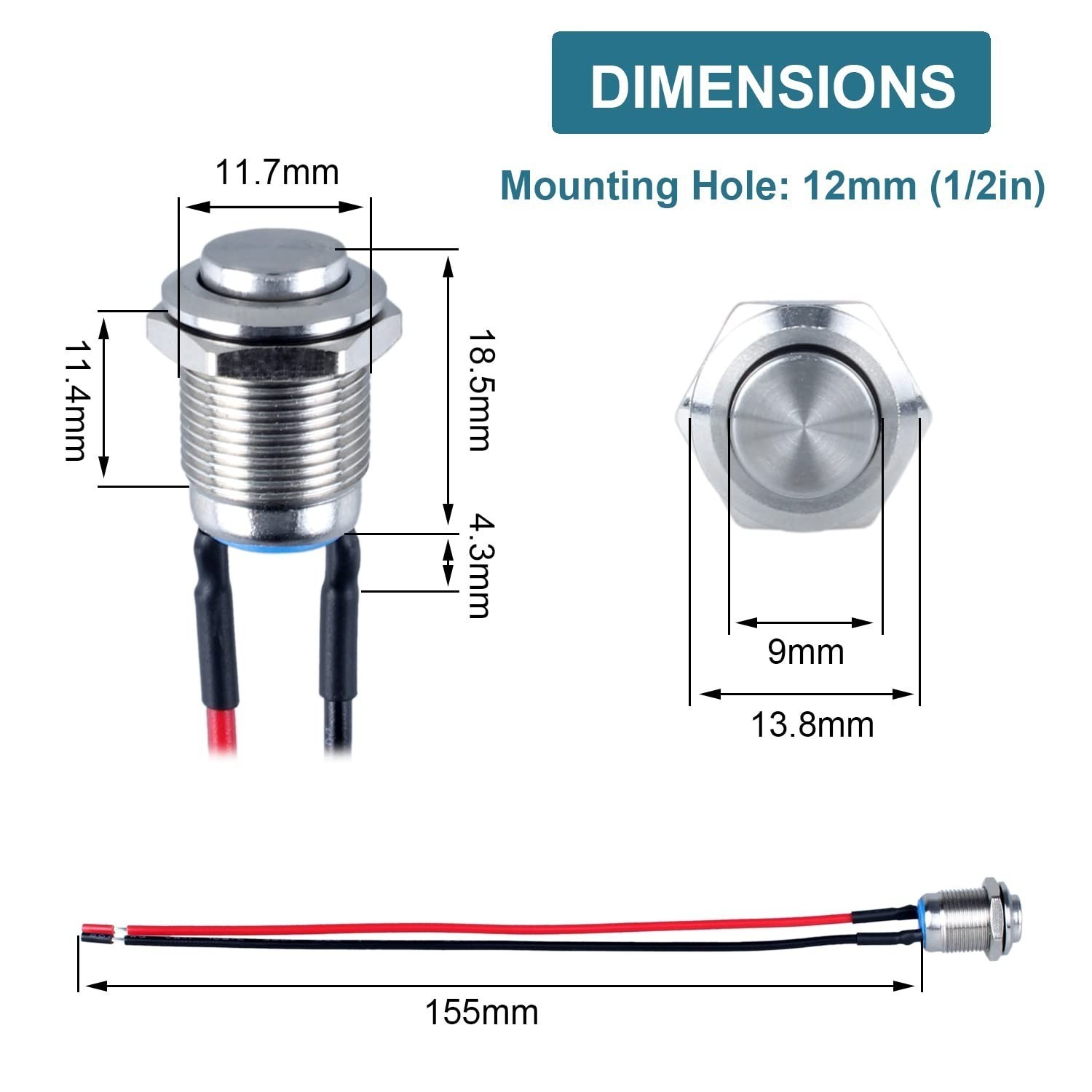 5 pcs 12mm Round Small Momentary Push Button Switch Waterproof Stainless Steel