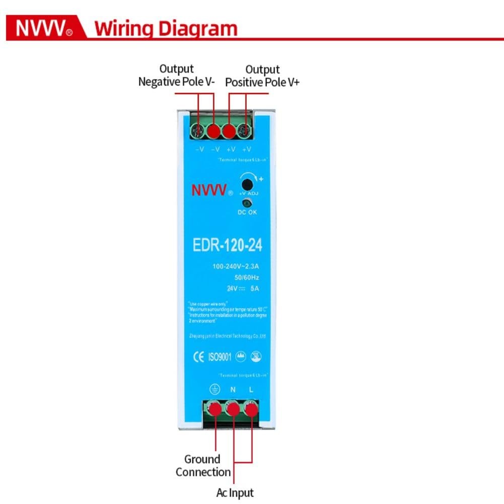 NVVV EDR-120-24 120W 24VDC 5Amp Industrial DIN Rail Power 24V 120W, Silver