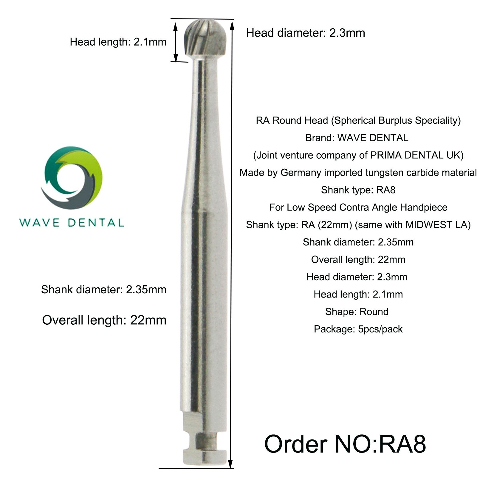 US WAVE Dental Burs Round Latch RA 2.35mm COXO Low Speed Contra Angle Handpiece