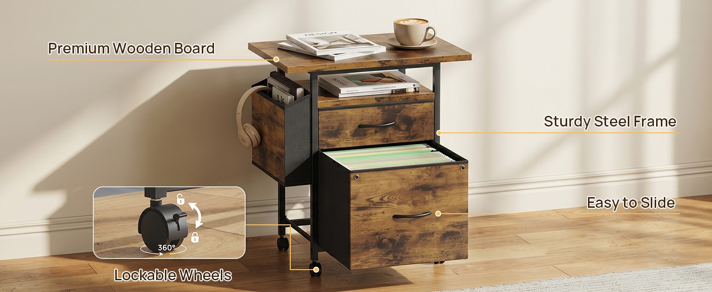 File Cabinets for Home Office, Small Printer Stand with Storage, Rolling Filing