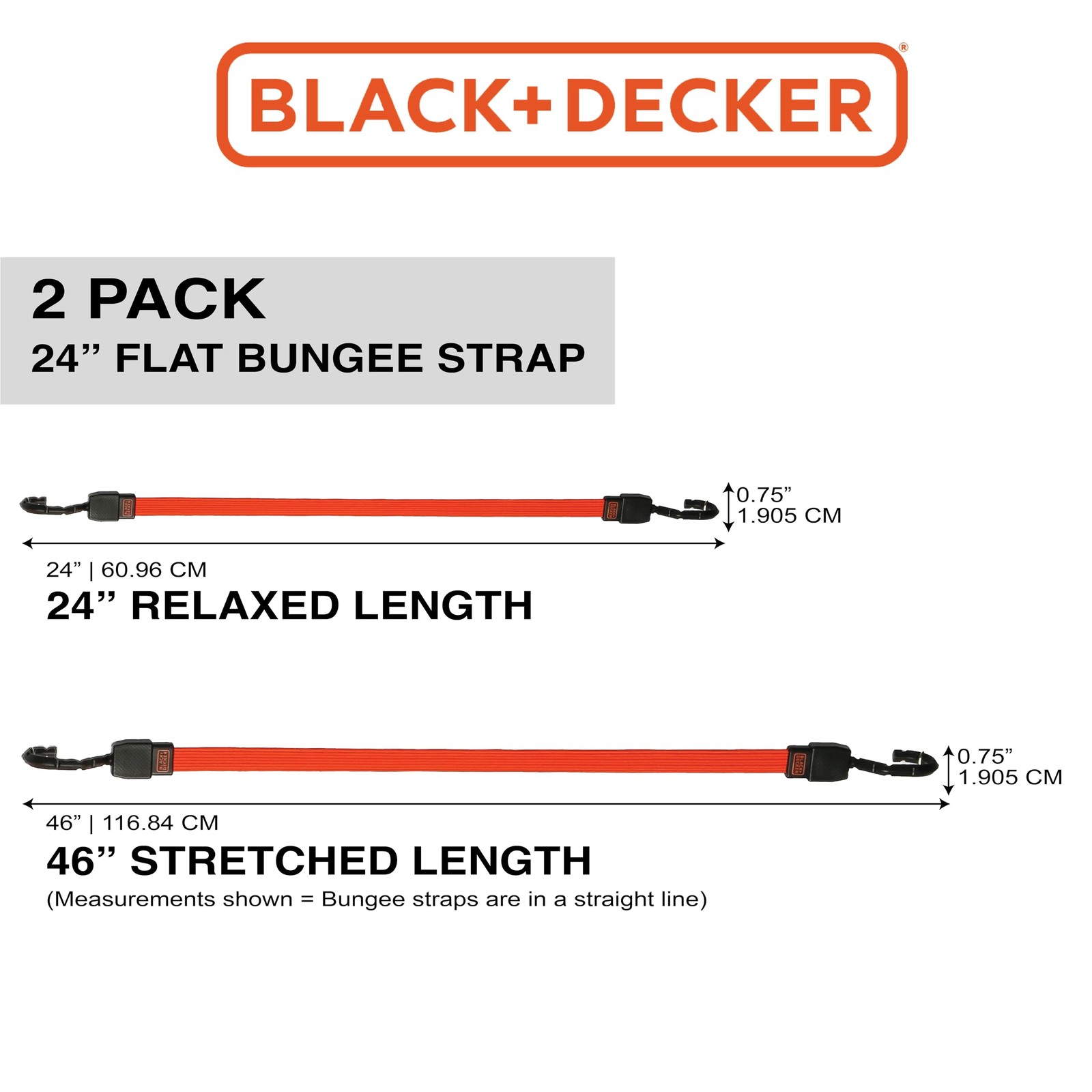 BDX1010 Black/Orange 24″ Flat Bungee Cord Straps, 2 Pack