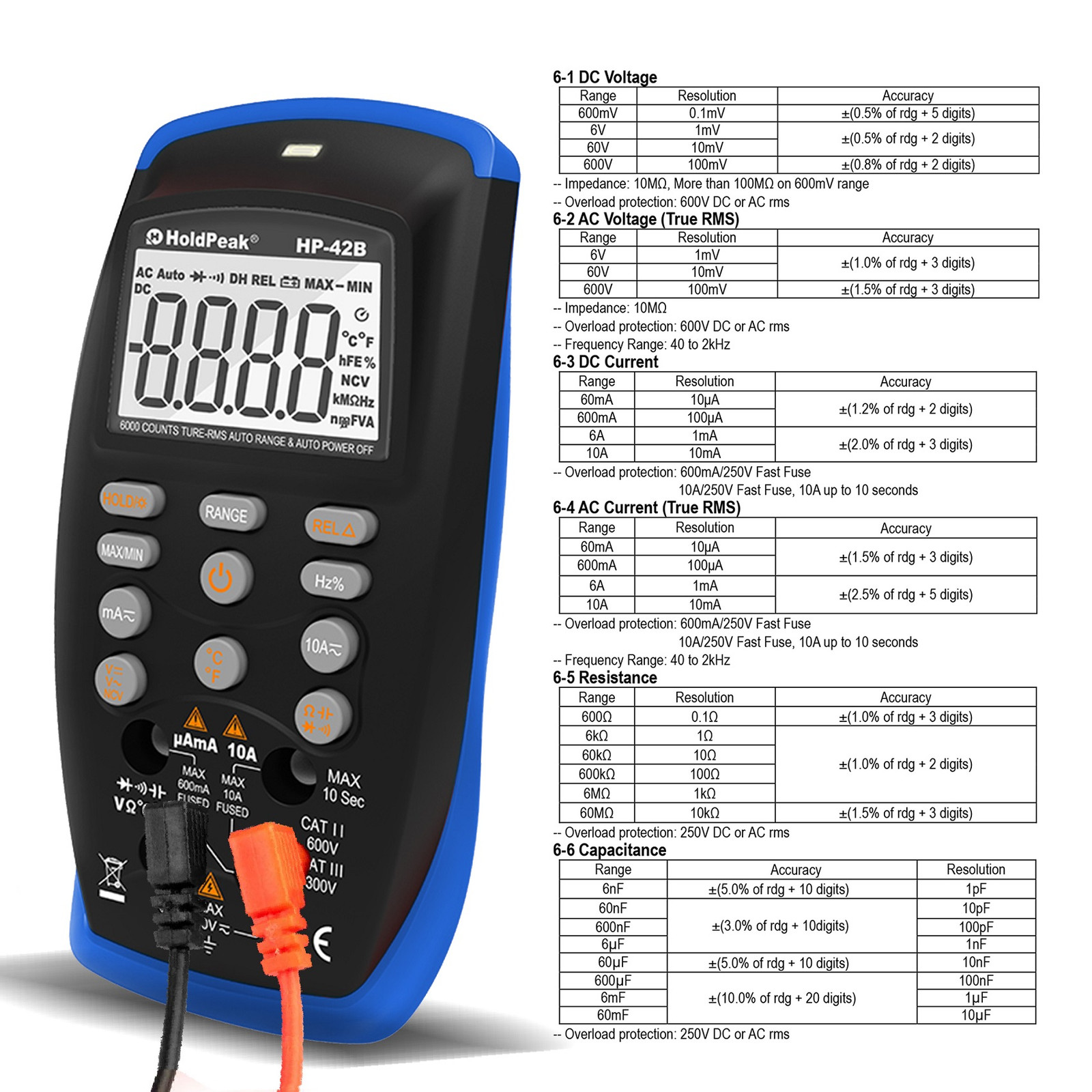 Digital Multimeter 6000C TRMS 600V 10A 60MΩ 200kHz Auto-Range NCV Data Hold
