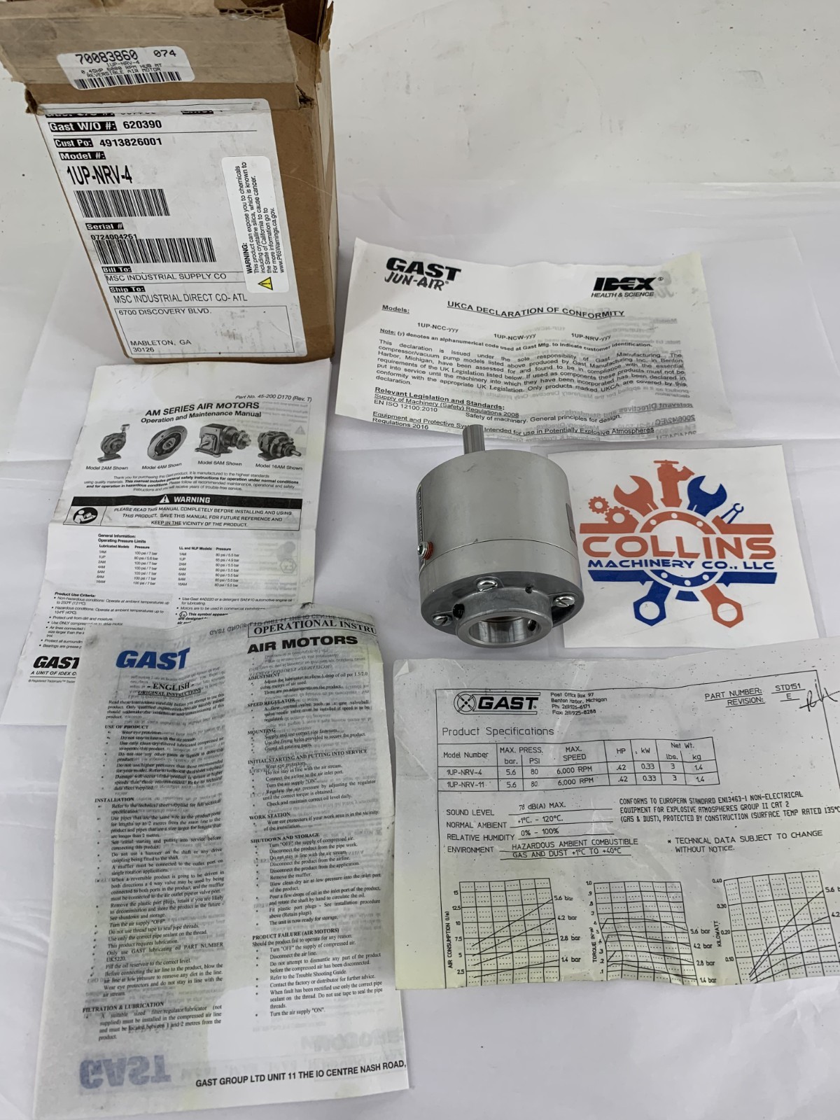Gast 1UP-NRV-4-GR11 Air Gear Motor 15:1 .31 HP 21 CFM 400RPM 95 in-lb 5.6 Bar