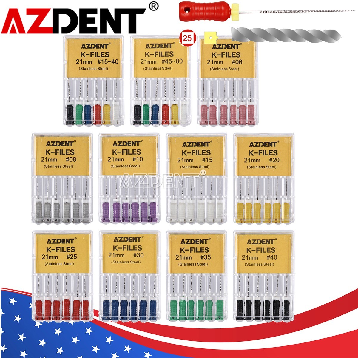 AZDENT Dental Endo Root Canal File K-FILES Stainless Steel Hand Use 21/25 mm