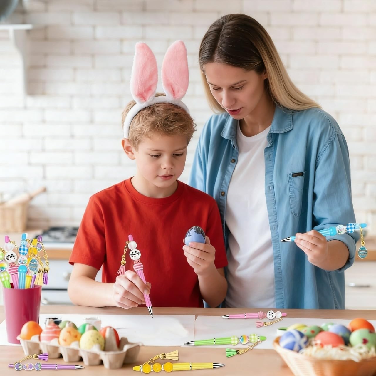 Vellibring 12 Sets Easter Beadable Pens Rabbit and Egg Ballpoint Green