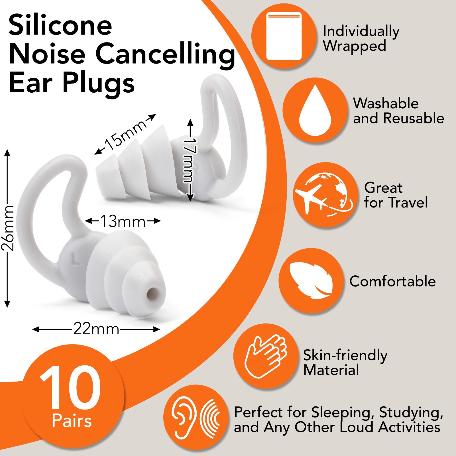 10 Pair Silicone Ear Plugs with Case Reusable Hearing Protection for Sleep Swim