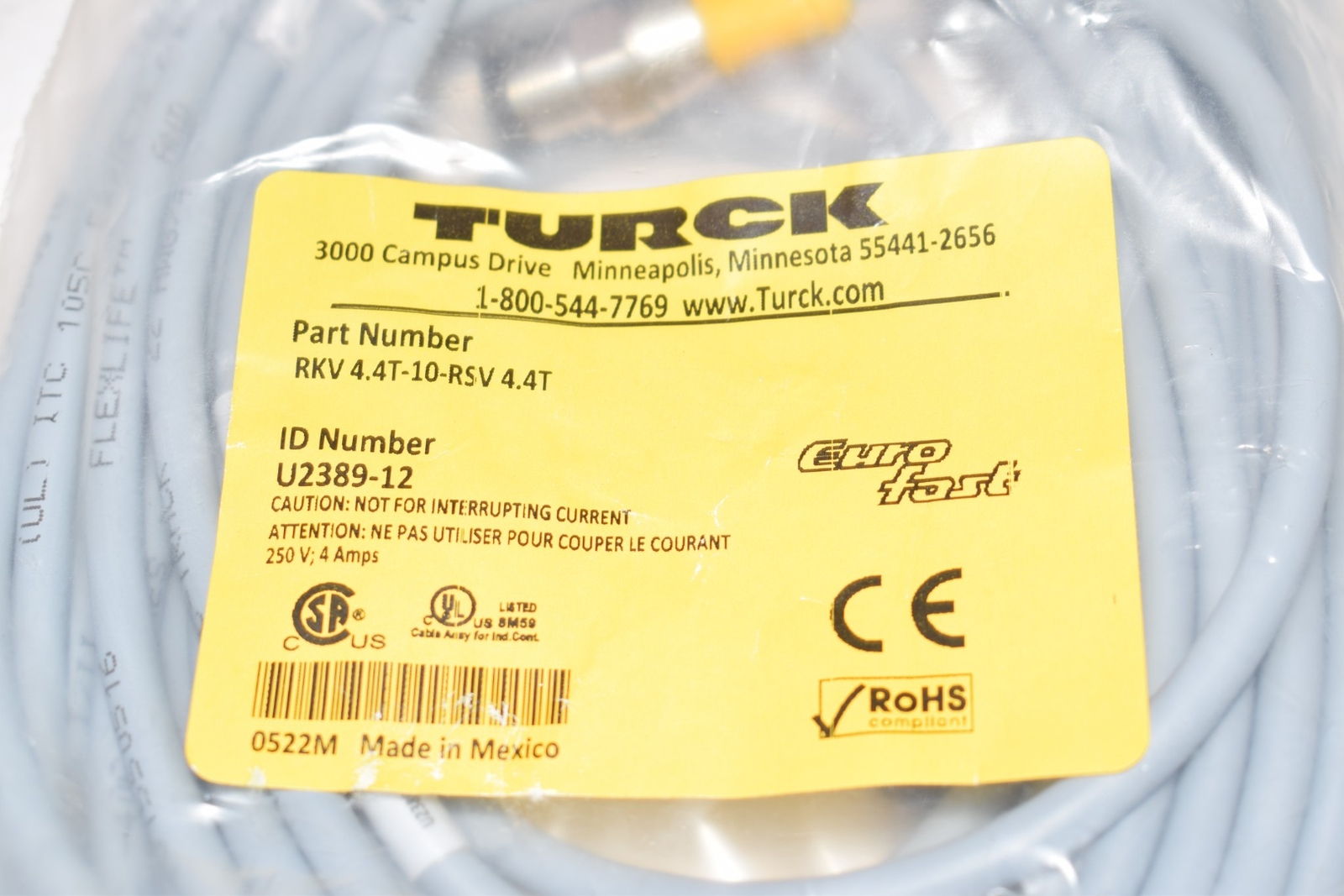 NEW TURCK RKV 4.4T-10-RSV 4.4T Cordset, M12 Female Straight to M12 Male Str, 4 W