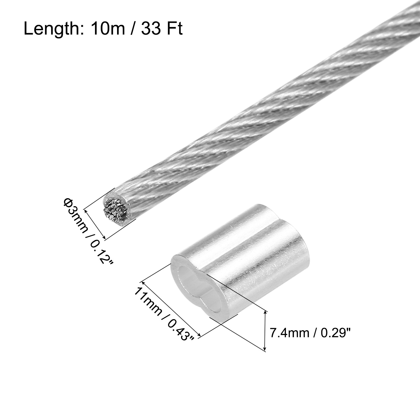 33Ft(10m) Wire Rope 1/8″(3mm) with 4Pcs Aluminum Sleeves Transparent