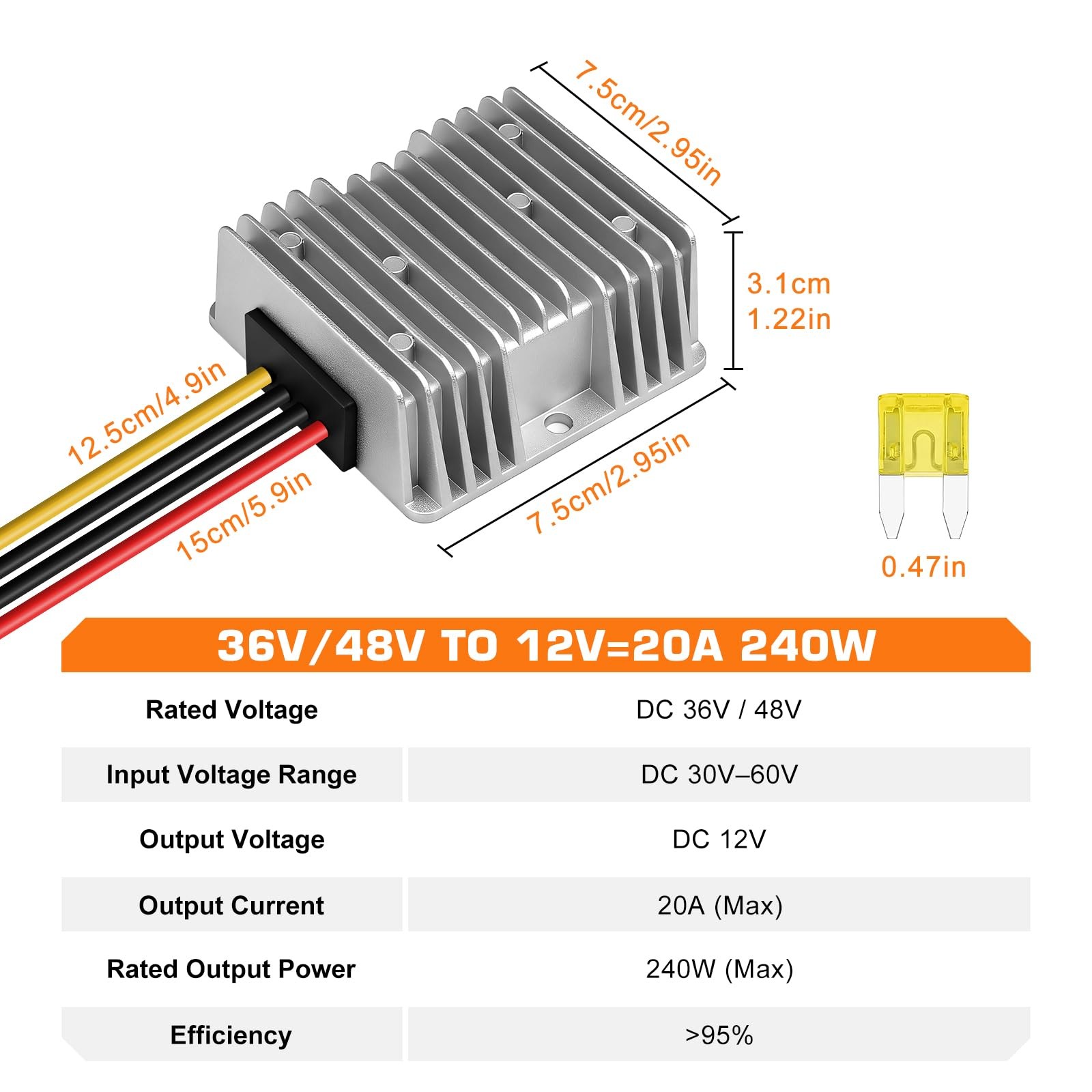 36V 48V to 12V Converter 20A 240W Waterproof DC-DC Step Down Regulator Fuse