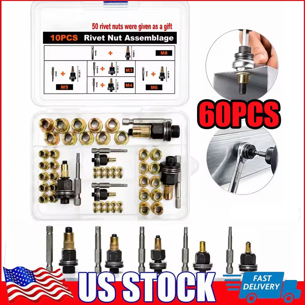 Head Rivet Nut Tool, Carbon Steel Rivet Nut Set (Including M3–M8 Sizes) 60Pcs US