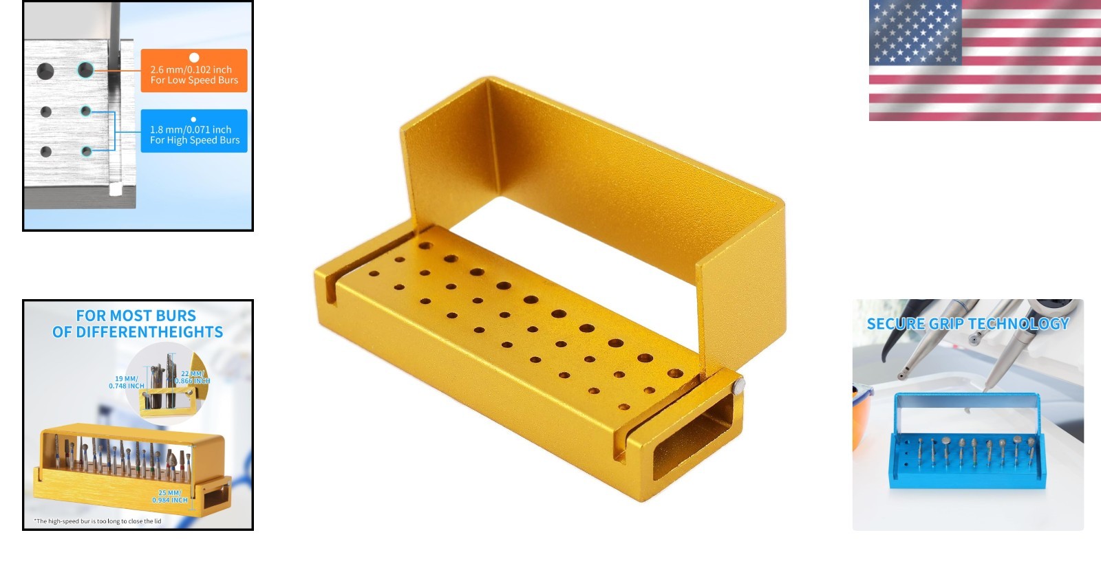 Gold Aluminum Dental Bur Holders – High-Speed Drill Storage with Flip-Top Access