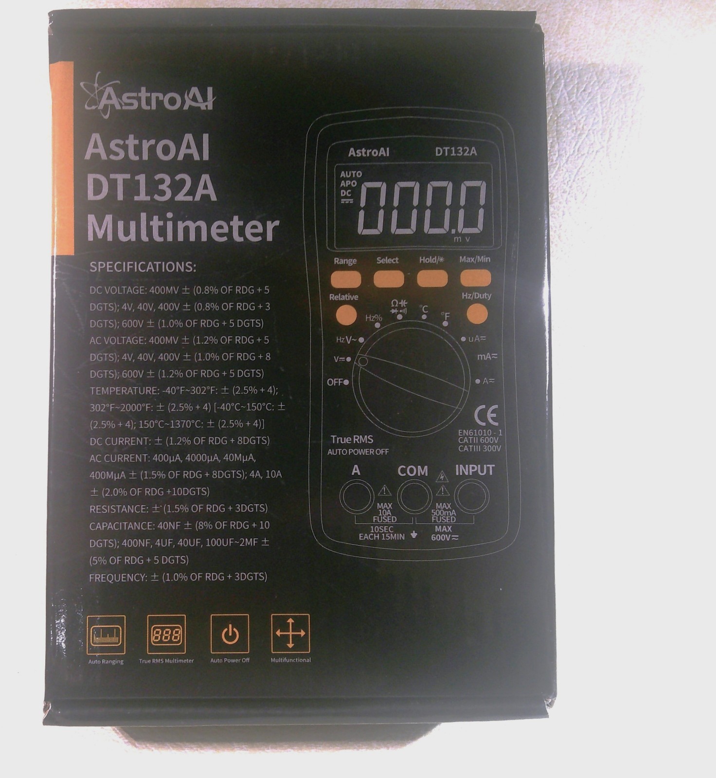 AstroAI Model DM132A Multimeter New in Box w/Test Leads & K-type Thermocouple