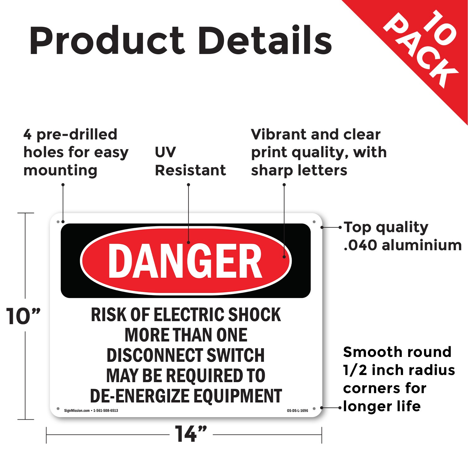 Risk Of Electric Shock More Than One OSHA Danger Sign Or Decal – 5 or 10 Pack