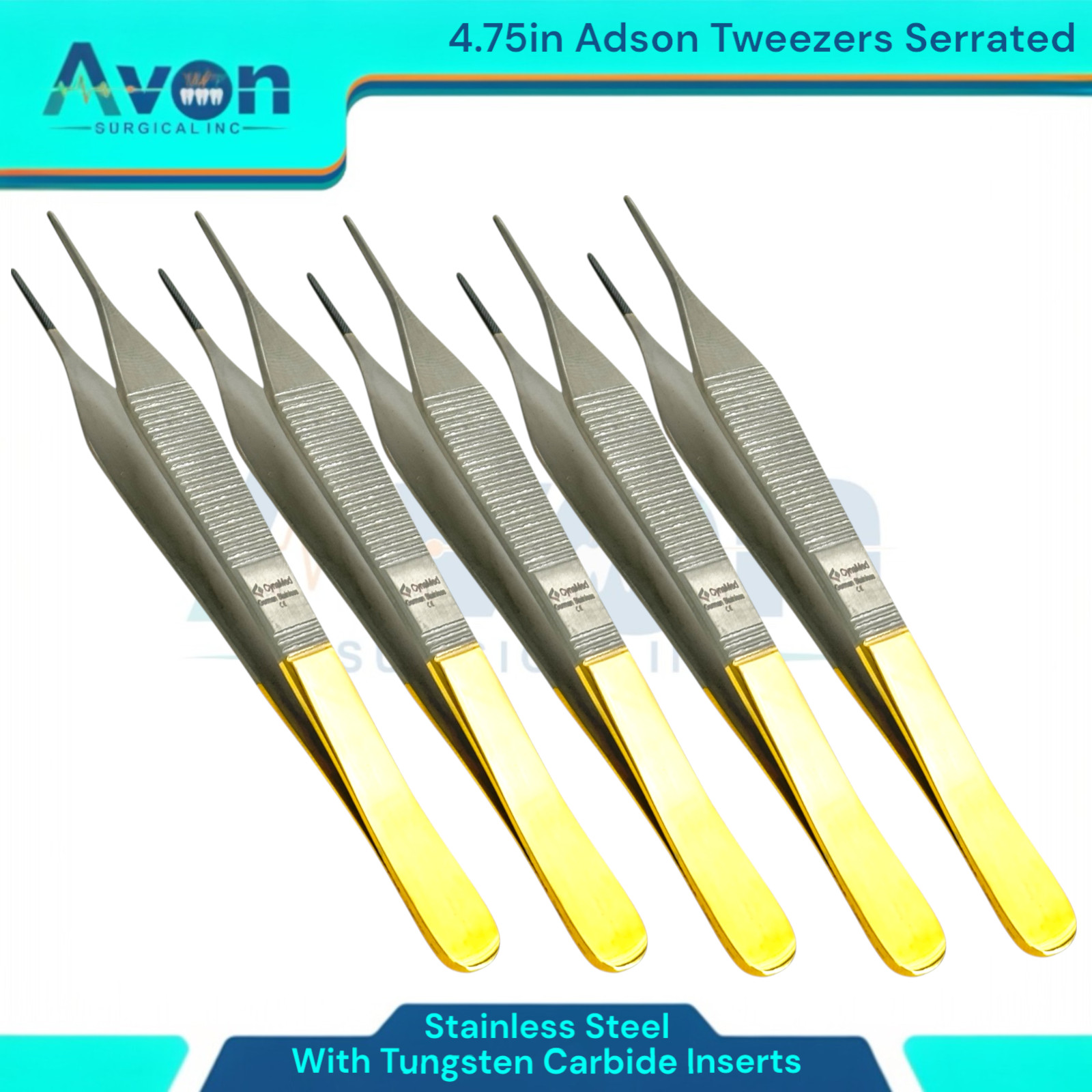 Premium Adson Thumb Serrated Tweezer Forceps, 4.75″, TC Insert Jaw – Gold Handle