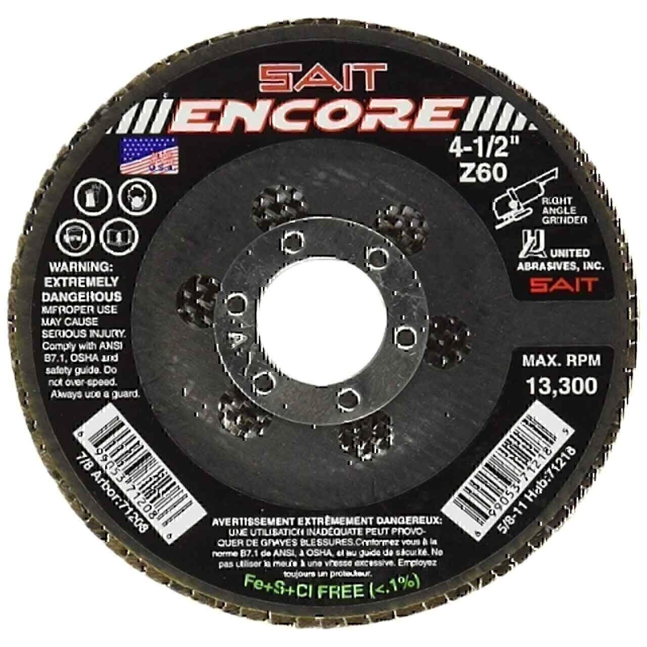 SAIT 71208 4-1/2×7/8 Encore Type 27 No Hub Zirconium Flap Discs 60 Grit 10PK