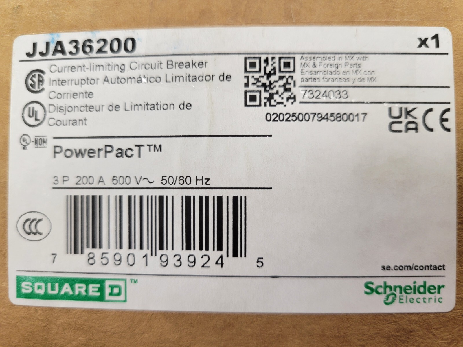 Square D JJA36200 PowerPact I-Line Circuit Breaker 200A 600VAC 3P 3PH Type JJA