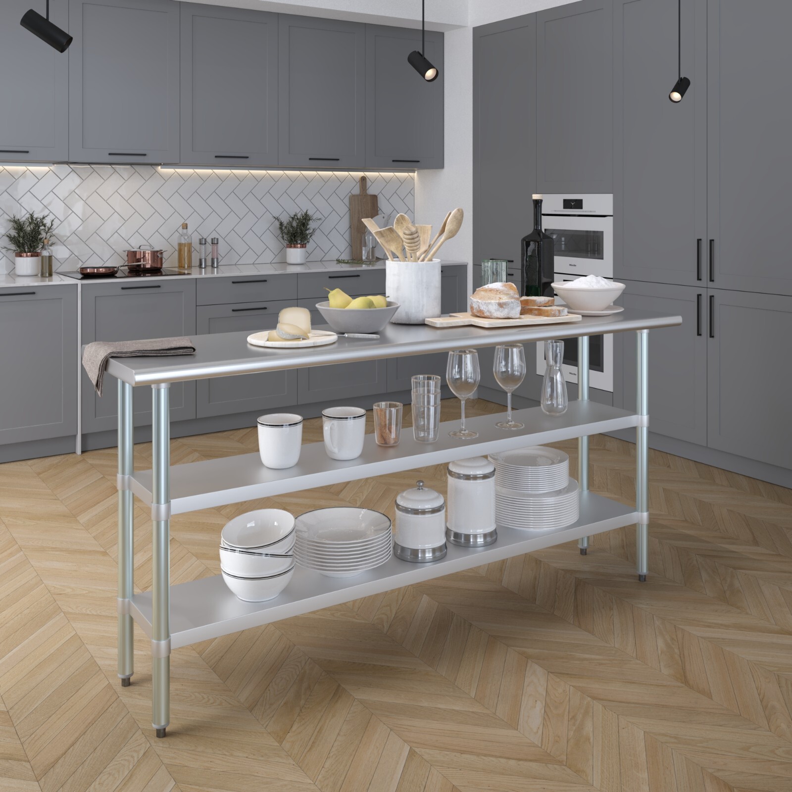 18 in. x 72 in. Stainless Steel Work Table with 2 Shelves | Metal Utility Table