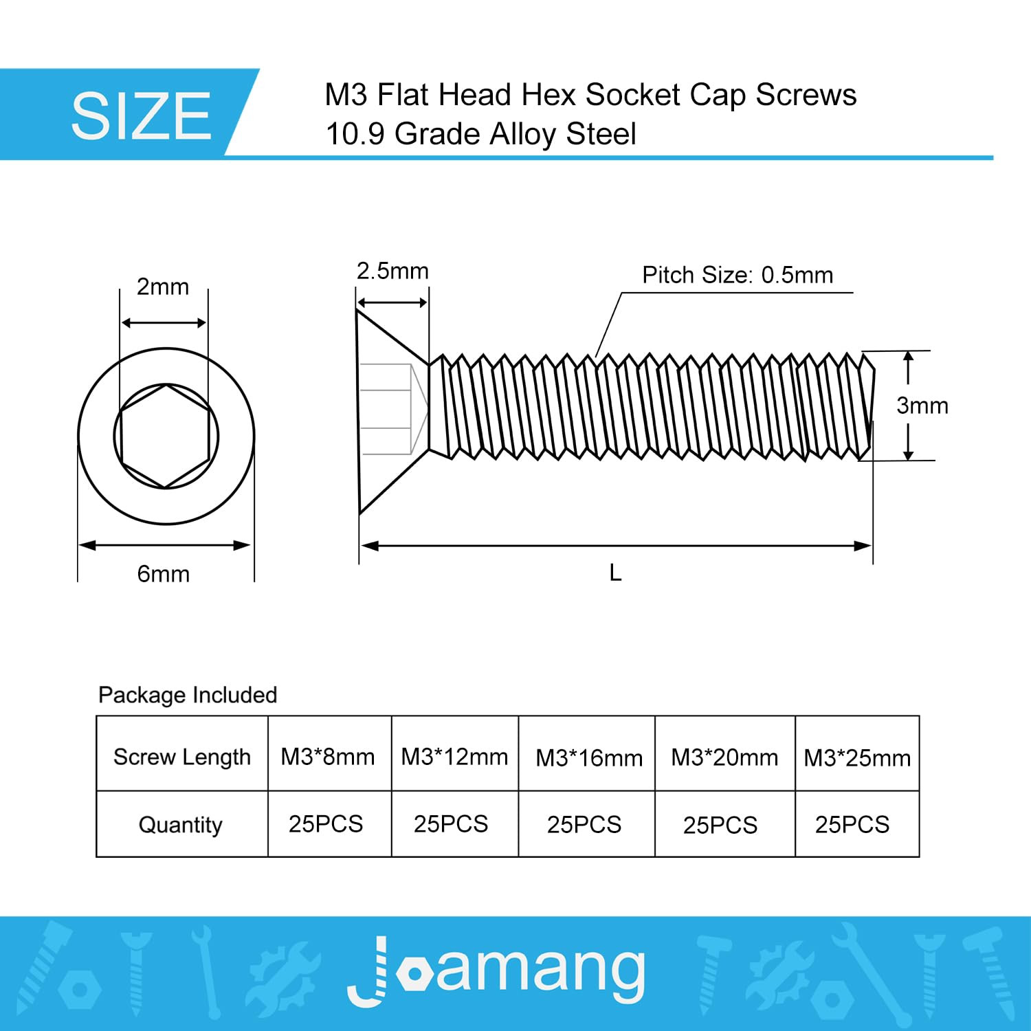 M3 X 8Mm 12Mm 16Mm 20Mm 25Mm Flat Head Hex Socket Cap Screws Countersunk Bolts,