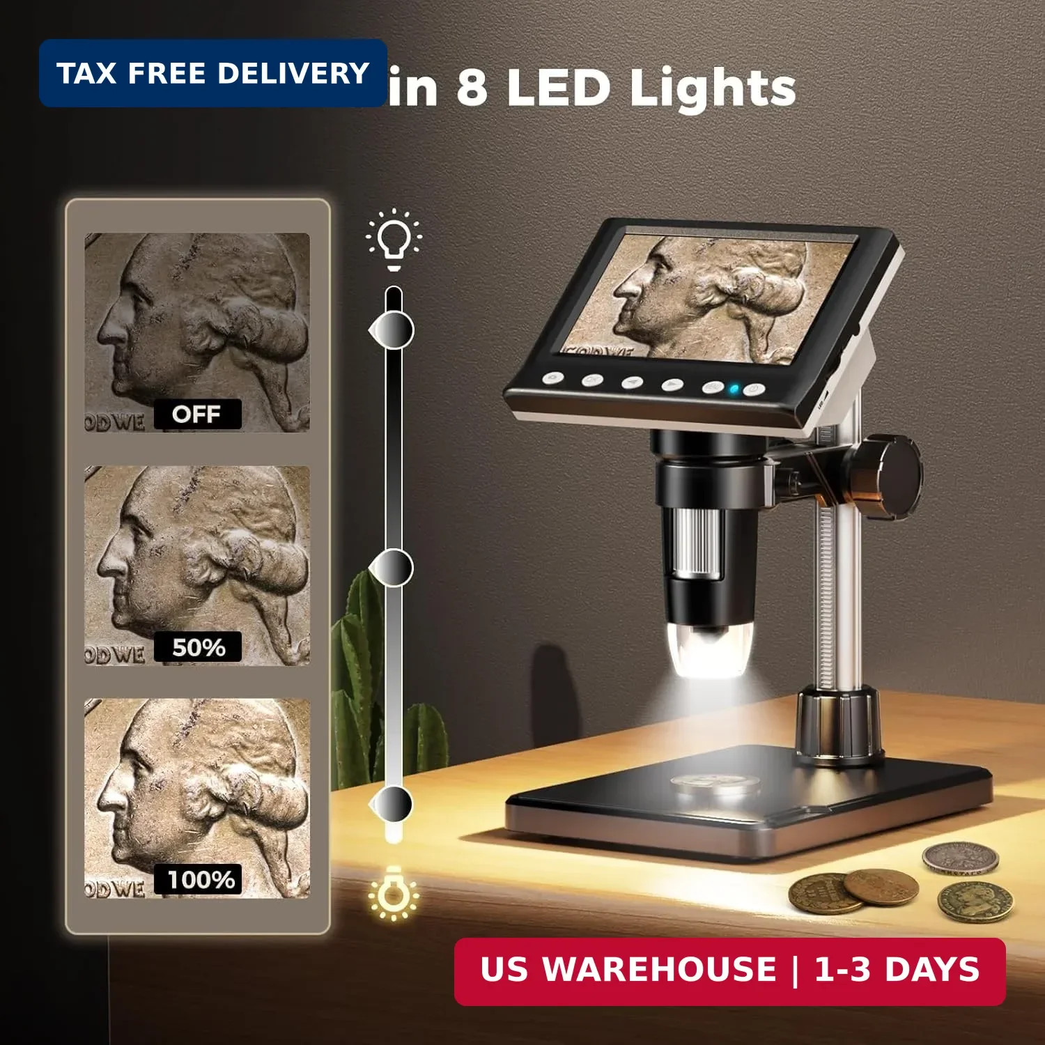 4.3 Inch LCD Digital Coin Microscope, 1000X USB Magnifier with 8 Adjustable LED