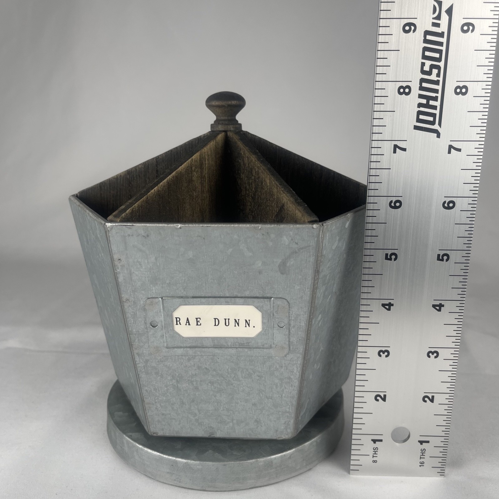 Rae Dunn Galvanized Steel & Wood Metal Rotating Spinning Rustic Desk Organizer
