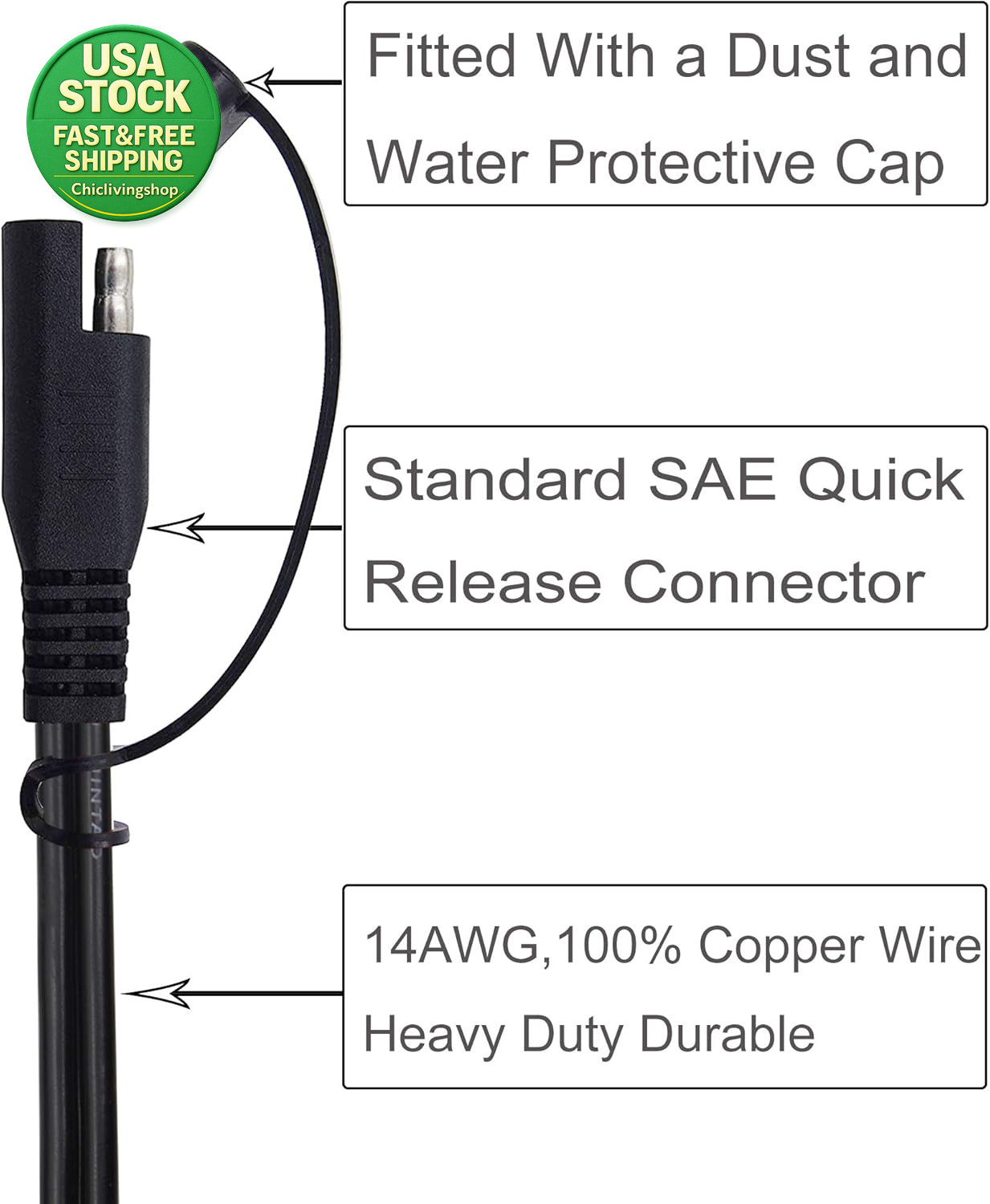 4.9FT 14AWG Battery Alligator Clip to SAE Connector Extension Cable with Fuse
