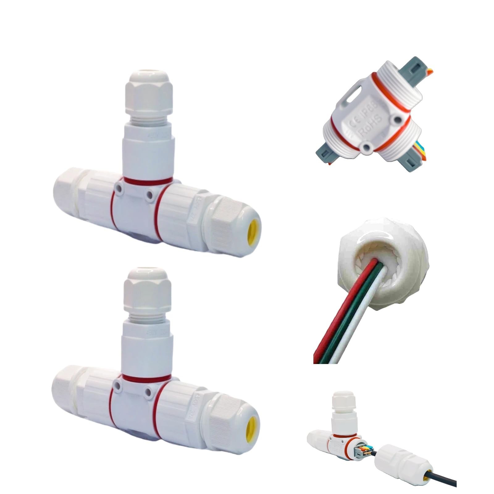 T-Type Waterproof Cable Connectors 3 Way IP68 Rated 450V 24A – for Outdoor LED