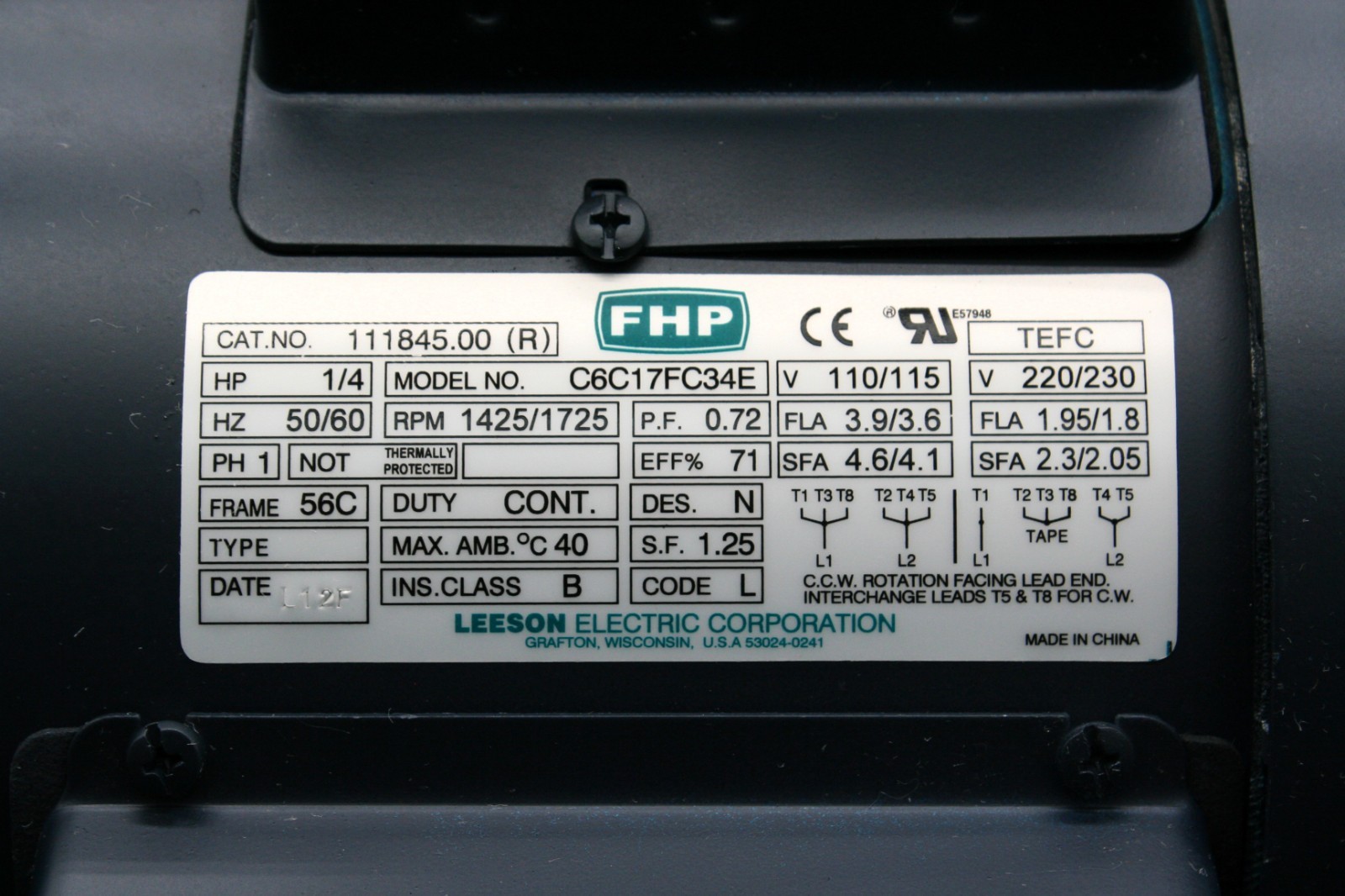 Leeson FHP C6C17FC34E AC Motor – 1/4HP, 50/60Hz, 1PH, 110/115V, 1425/1725 RPM