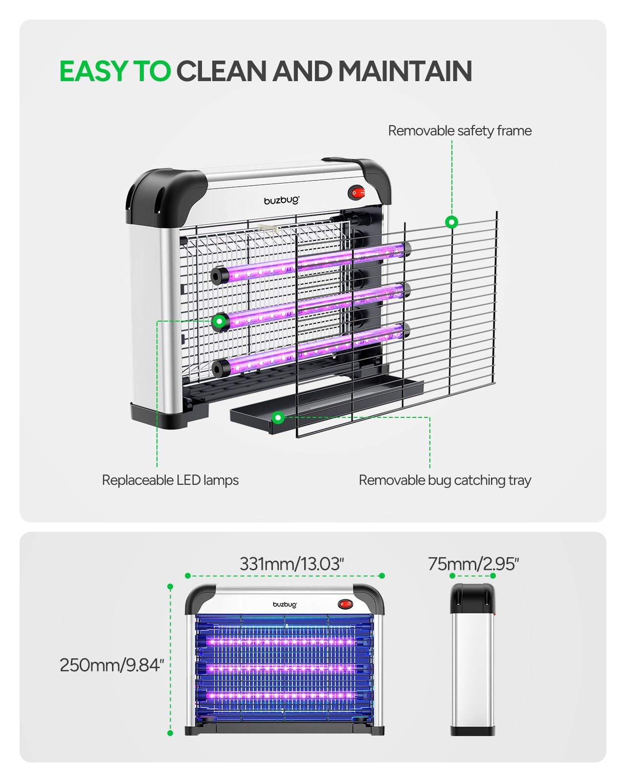 Buzbug Led Bug Zapper Indoor 3800V High-Voltage 3 Led Bulbs Up To 50000 Hours