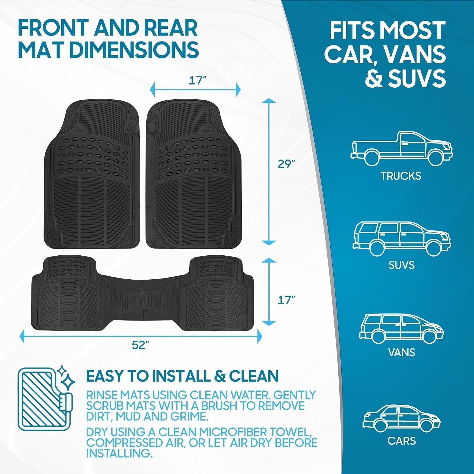 BDK ProLiner Car Floor Mats – Heavy Duty Rubber, Universal Fit, Black