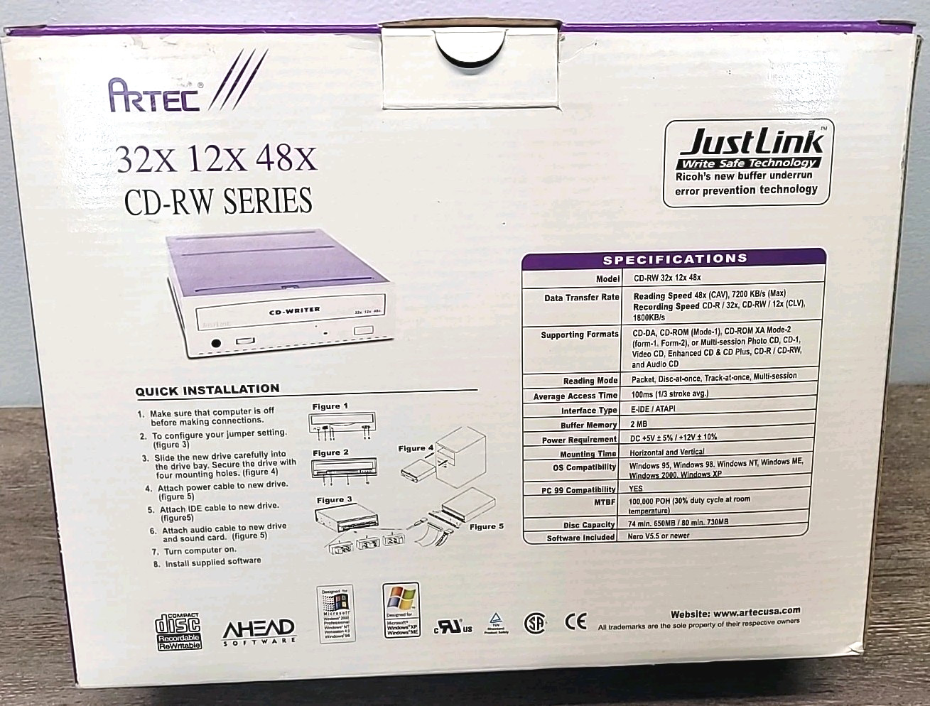 Artec Just Link CD-RW Writer 32x12x48x Power Supply Internal Disc Drive Nero 5.5