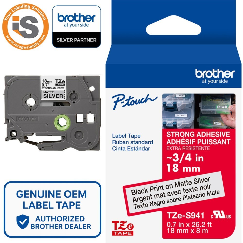 Genuine Brother TZe-S941 Strong Adhesive Black on Silver 18mm 3/4″ Label Tape