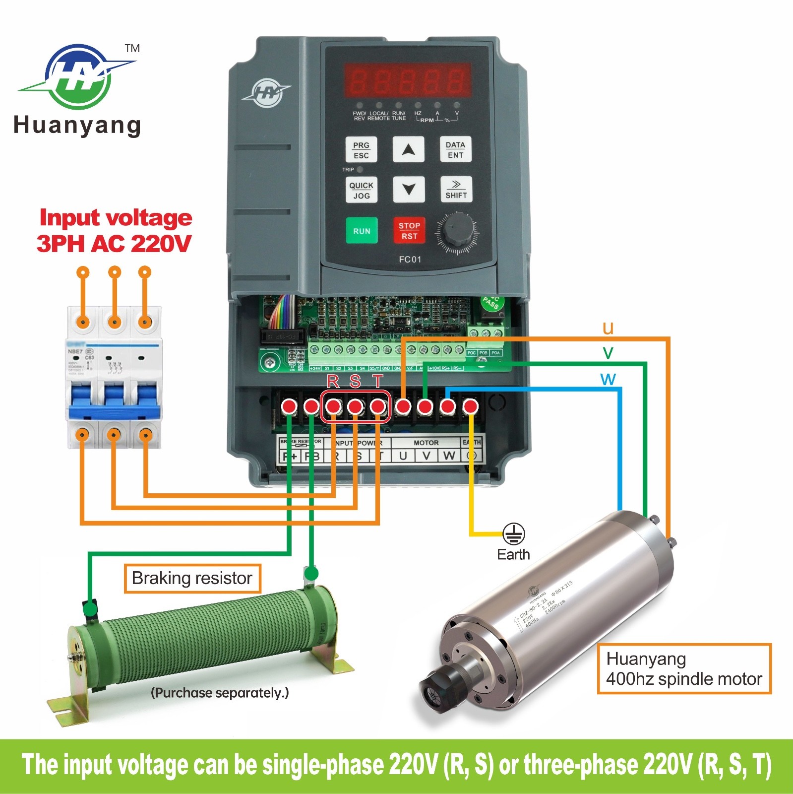 Huanyang VFD 220V 3HP 2.2KW Inverter CNC single phase to 3 phase for Motor