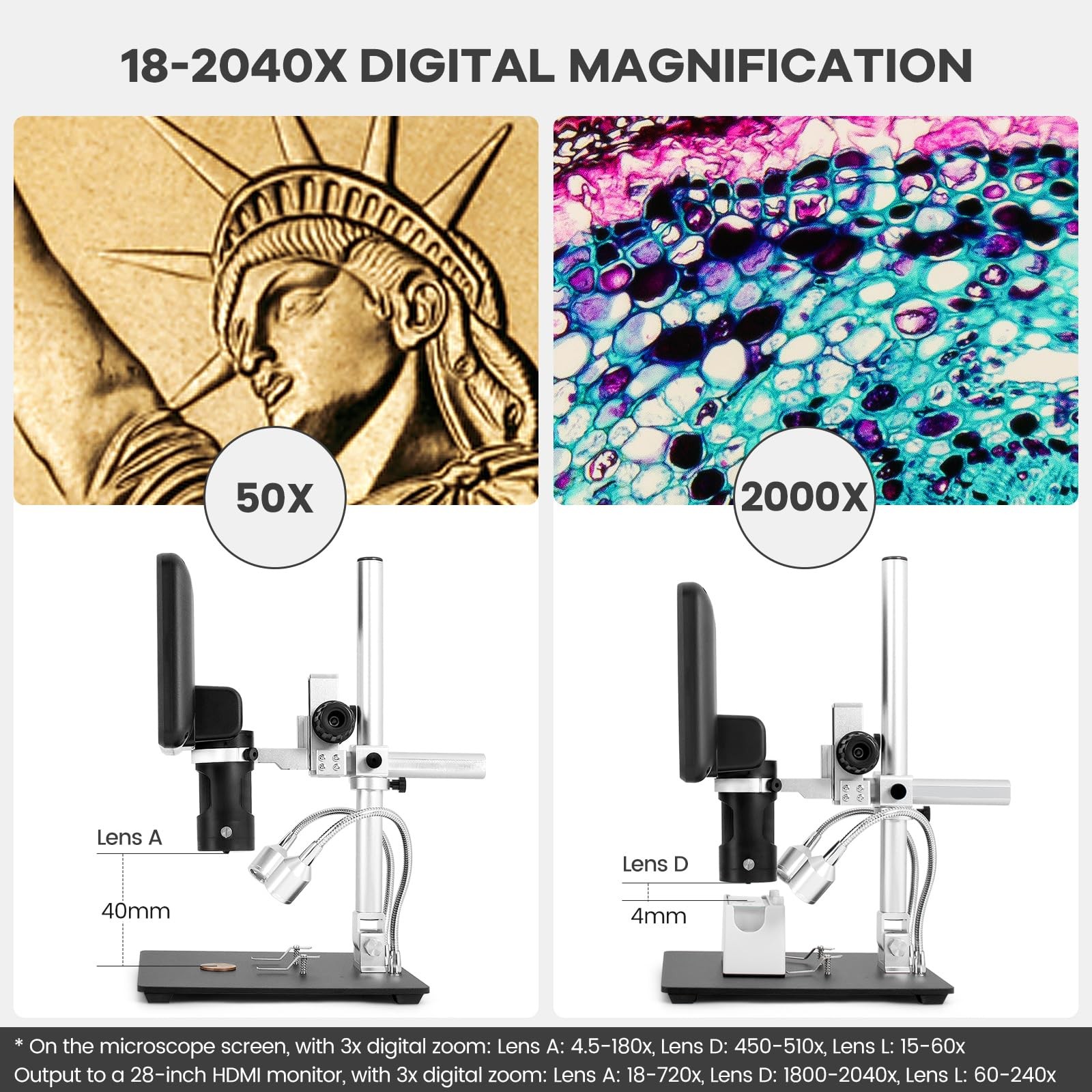 Andonstar AD246SM HDMI Digital Microscope 2000x for Adults, 3 Lens 2160P UHD …