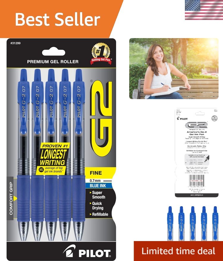 Pack of 5 G2 Gel Roller Pens – Refillable 0.7mm Fine Blue Ink for Everyday Use