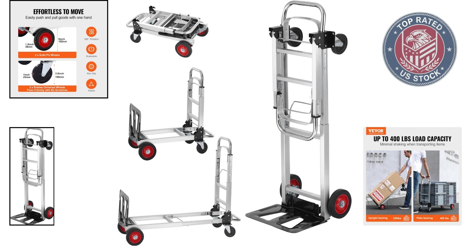 Heavy Duty 2-in-1 Aluminum Folding Hand Truck – 400 lbs Capacity & Rubber Wheels