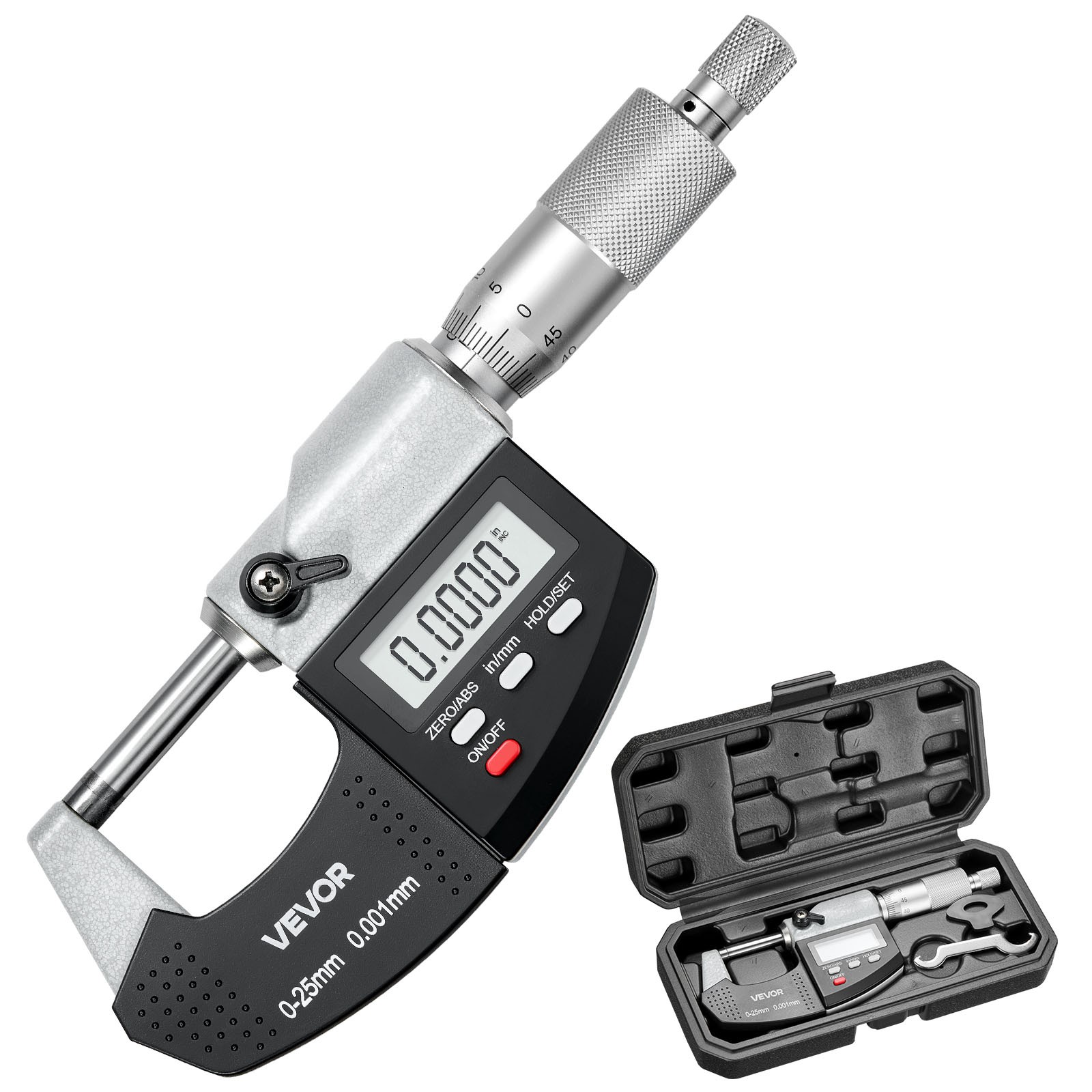 VEVOR Digital Outside Micrometer 0-1in Range 0.00005in Resolution LCD Screen