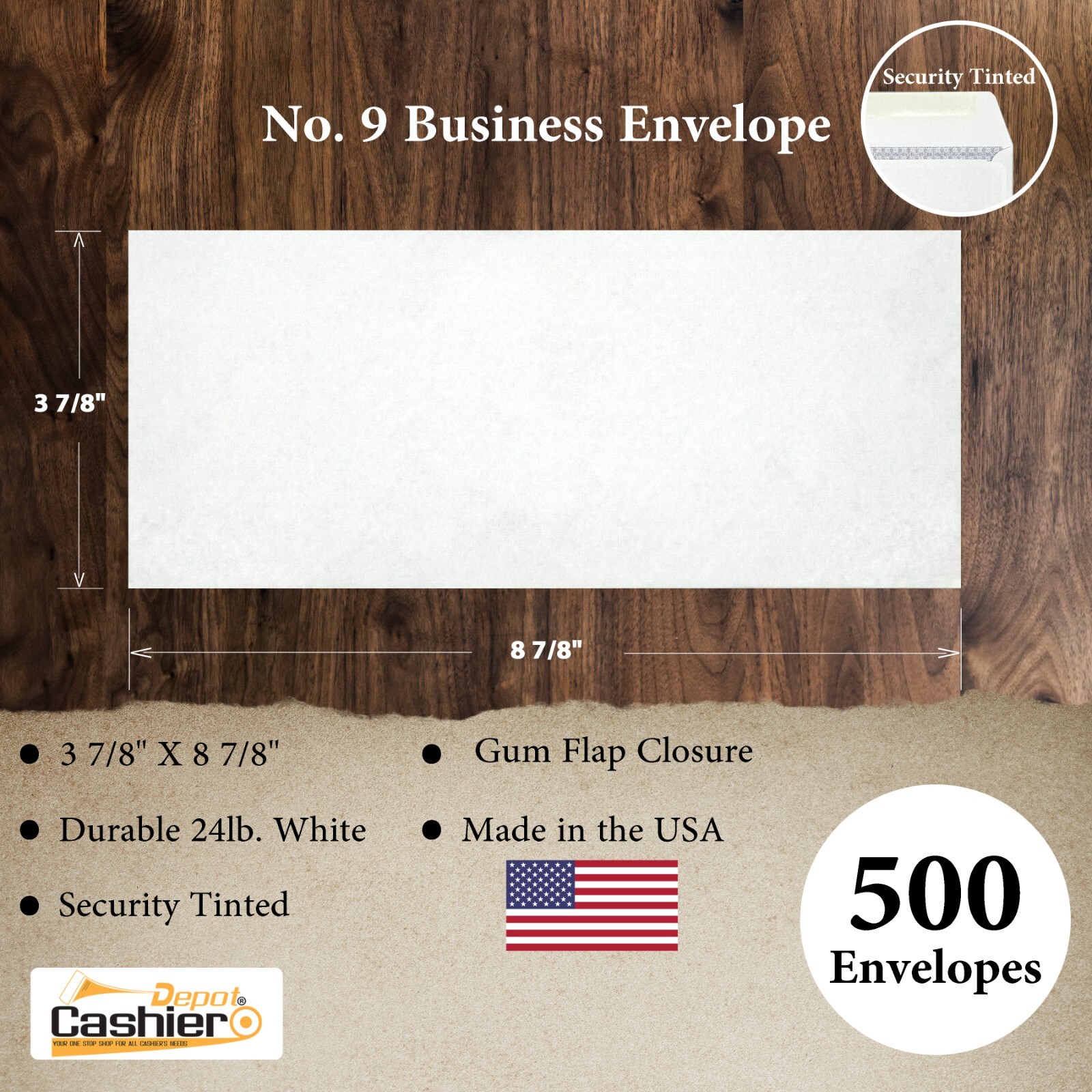 #9 Business Envelopes, 3 7/8 x 8 7/8, Tinted, Sturdy 24lb, White, Gum, 500/Box