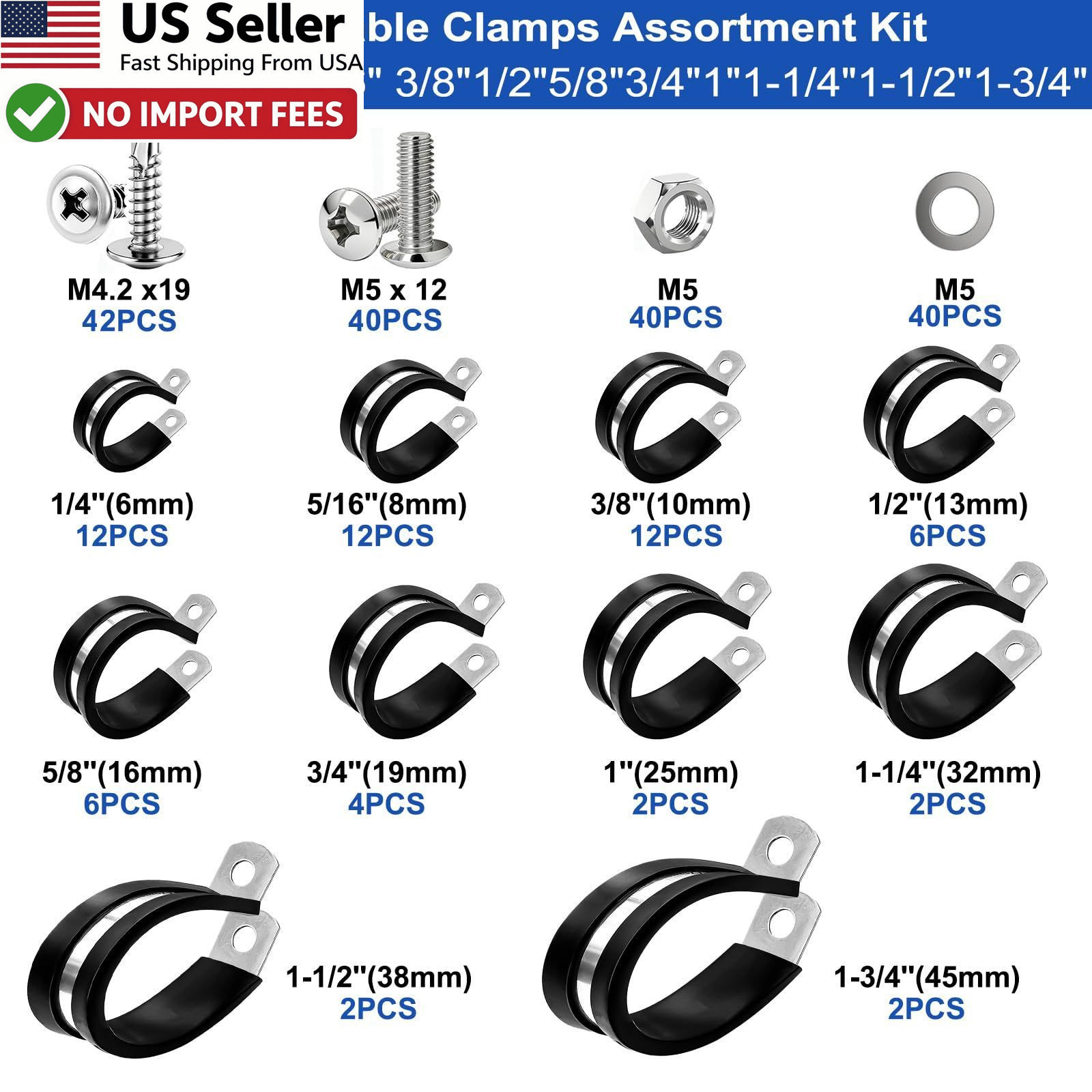 Taiss 222PCS Stainless Steel Cable Clamps Kit Rubber Cushion Pipe Clamps FROMUSA