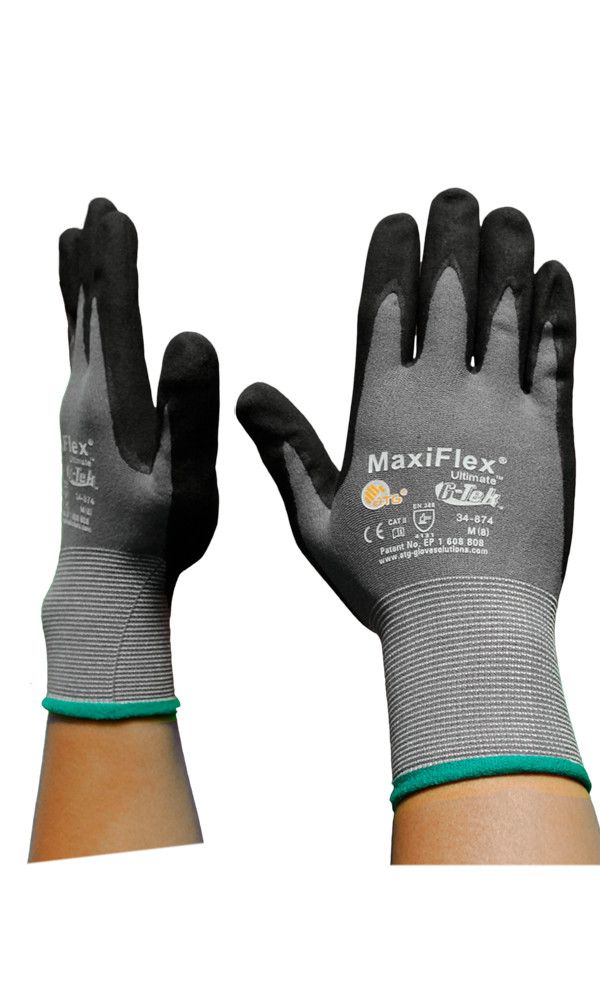 12 PR. 34-874 MaxiFlex Ultimate Foam Nitrile Grip Coated PROTECTIVE WORK GLOVES