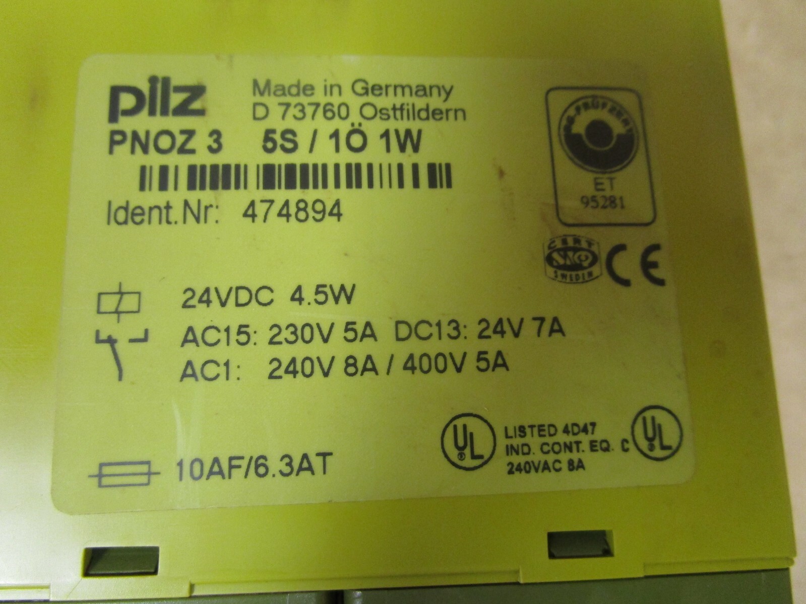PILZ PN0Z 3 SAFETY RELAY PNOZ 3 5S/1O 24Vdc 4.5W 474894