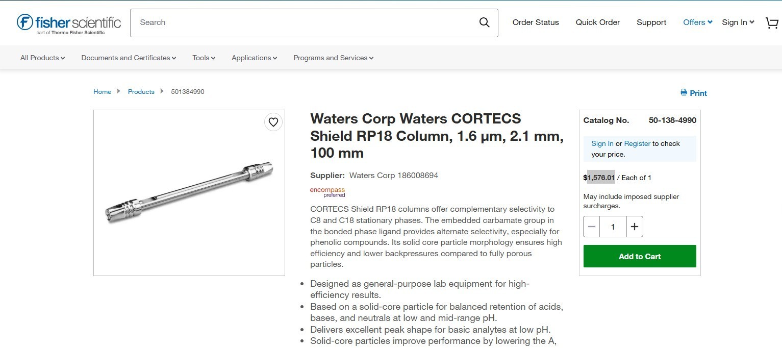 Waters 186008694 CORTECS UPLC Shield RP18 1.6um 2.1x100mm Column