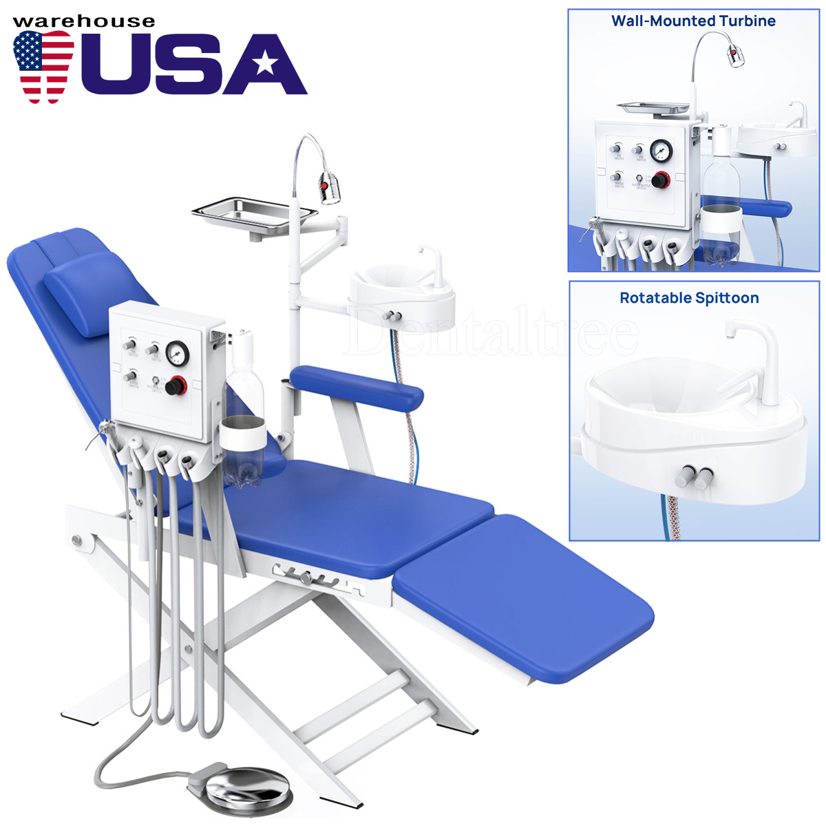 Dental Portable Mobile Folding Chair LED Light Air Turbine Unit 4 Hole Blue