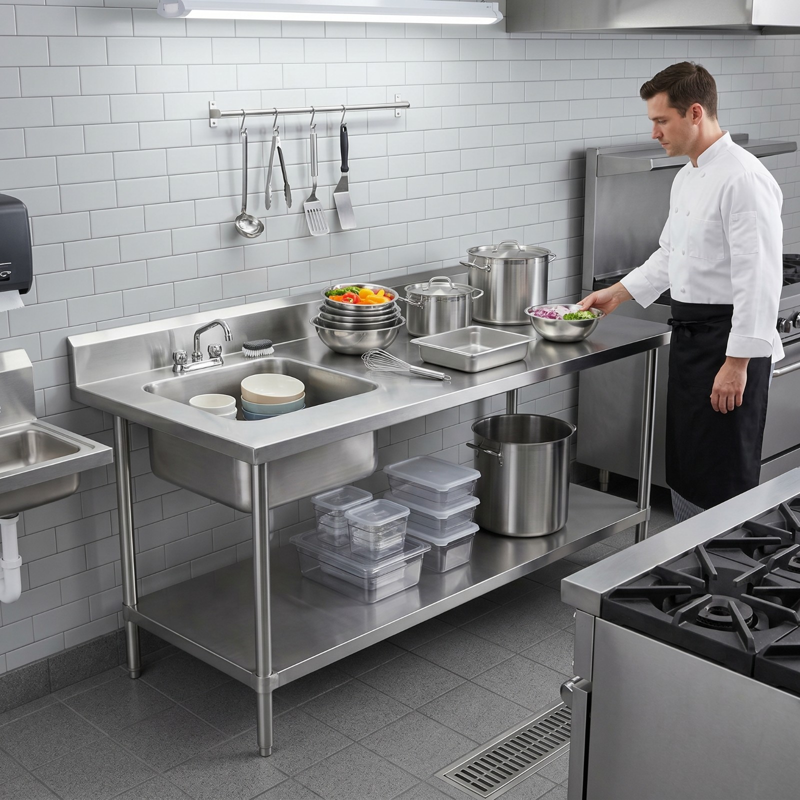 30 in. x 72 in. Stainless Steel Work Table with Built-in Left Sink and Faucet