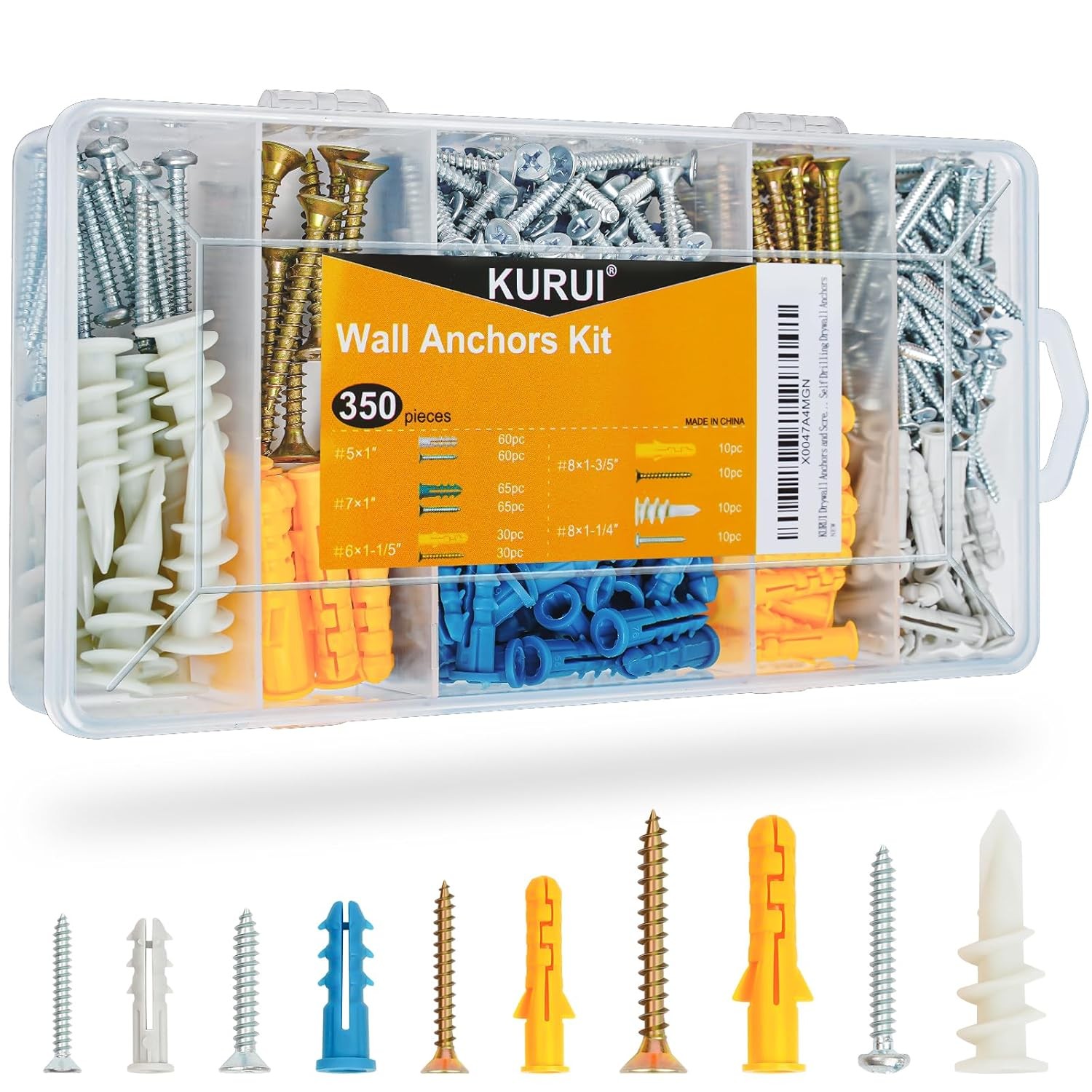 KURUI 350Pcs Drywall Anchors Assortment Sheetrock Concrete