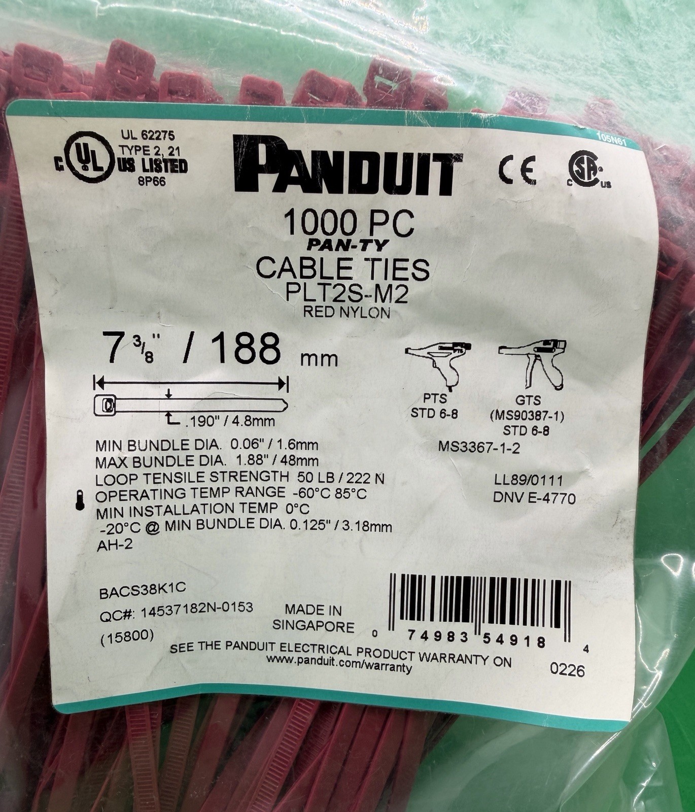 Panduit PLT2S-M2 Cable Tie, Locking, Military Spec, 7.4″L, Nylon 6/6, RED 1000pc