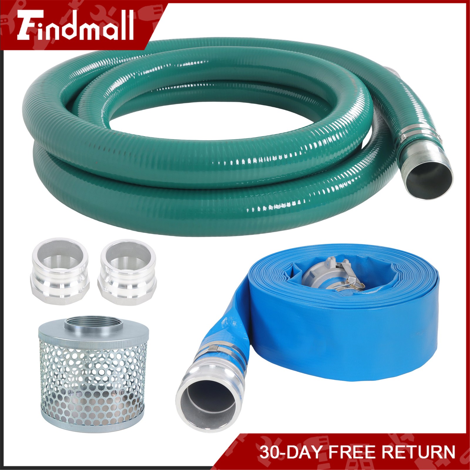 Findmall 3 inch Suction Hose Pump Kit Includes 65ft Blue Hose & 20ft Green Hose